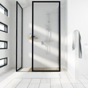 Minimalist bathroom with a glass-enclosed shower, wall-mounted shower fixtures, a small shelf, a white towel on a hook, and rectangular windows letting in natural light across white tiled walls and floor.